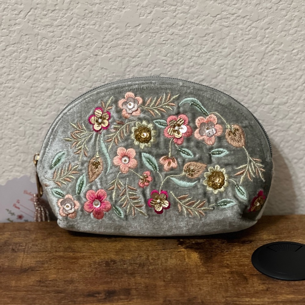 Gray and Pink Floral Embroidered Cosmetic Bag